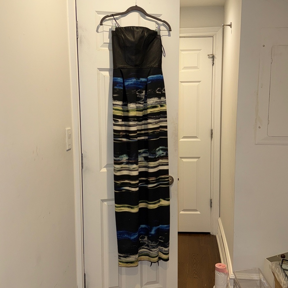 Strapless Black Faux-Leather Bodice Maxi Dress with Blue and Cream Stripes